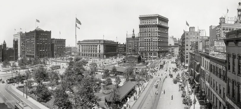 Cleveland circa 1908. "The Public Square -- Soldiers' and Sailors' Monument. Panorama made from two 8x10 inch glass negatives. View full size.
