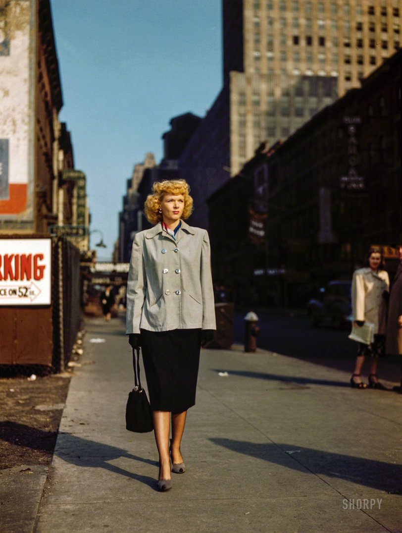 New York circa 1947. "Jazz singer Dottie Reid walking on 52nd Street." The stretch of pavement last seen here in a nighttime view. Kodachrome transparency by William Gottlieb for Down Beat. View full size.
&nbsp; &nbsp; &nbsp; &nbsp; PHOENIX, December 3, 2018 -- Big band singer and jazz artist Dorothy "Dottie" Reid died today at the age of 97. Dottie sang with Jimmy Dorsey and Buddy Rich, and went on a world tour with Benny Goodman. Born June 15, 1921, in Arkansas, she lived in New York and moved to Arizona in 2004.
