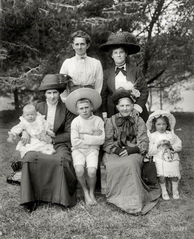 New Zealand circa 1902. "Unidentified family group outdoors, probably Christchurch district." Glass negative by Adam Maclay. View full size.
