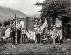 New Zealand circa 1905. "Men doing chores at a campsite, all in striped tops, poss&shy;ibly Sumner, Christchurch." Glass negative by Adam Maclay. View full size.