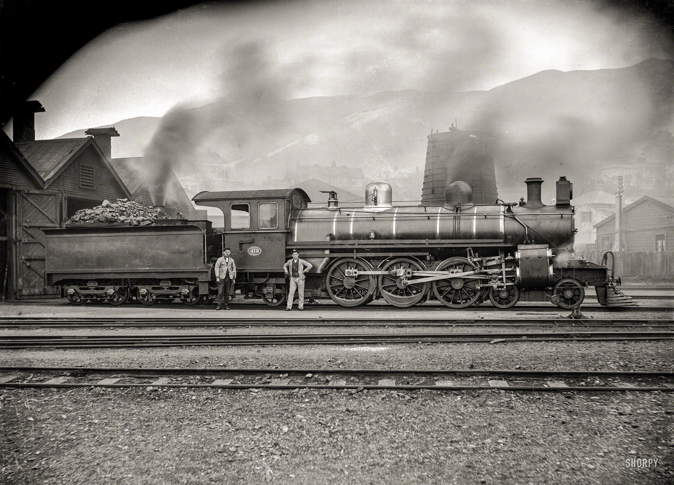 New Zealand circa 1909. "Class A locomotive, NZR No. 419, at the Petone Railway Workshops." A.P. Godber Collection, Alexander Turnbull Library. View full size.