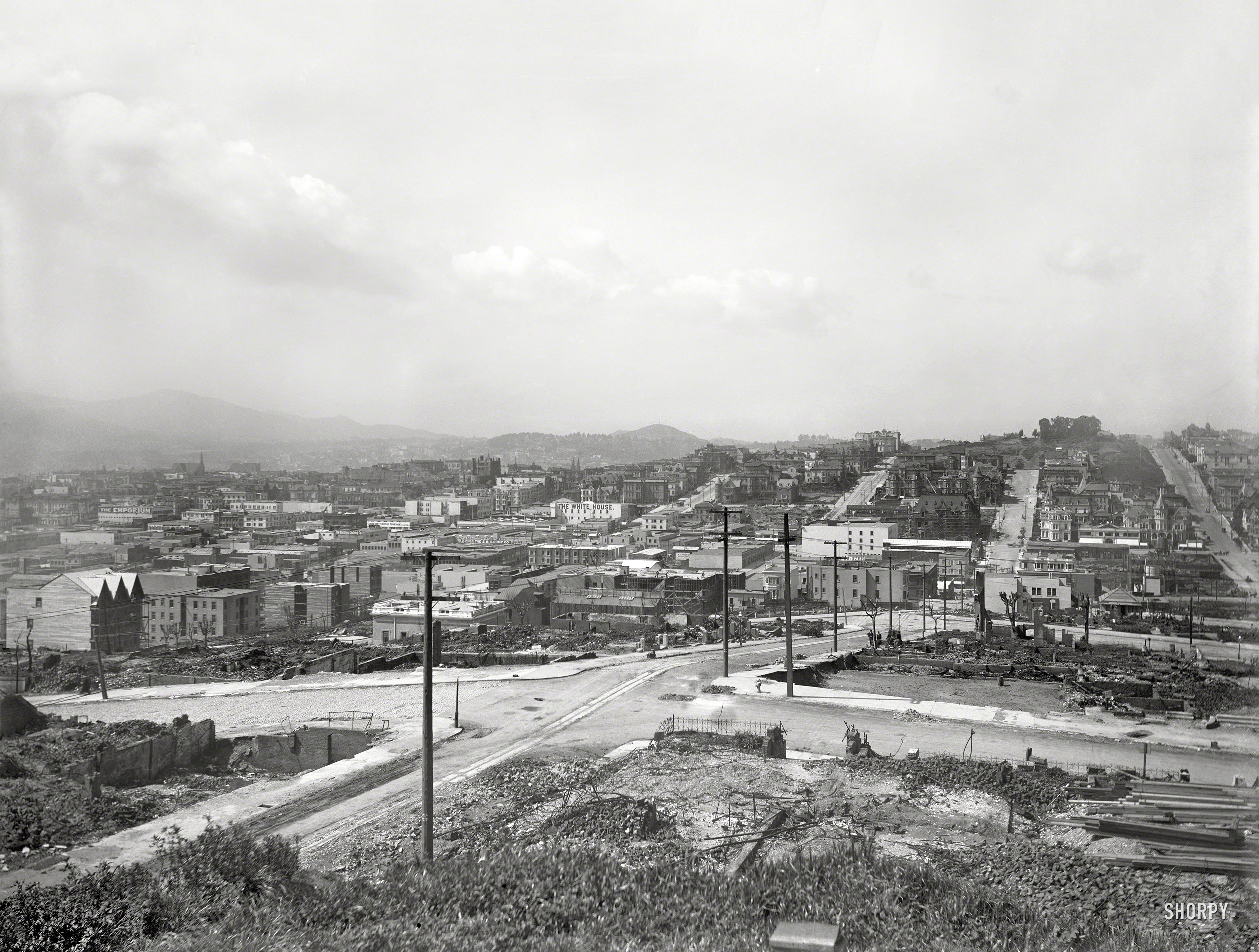 San Francisco rebuilds after the devastating earthquake and fire of April 18, 1906. 8½x6½ inch glass negative from Wyland Stanley Collection of San Francisco historical memorabilia later acquired by Marilyn Blaisdell. View full size.