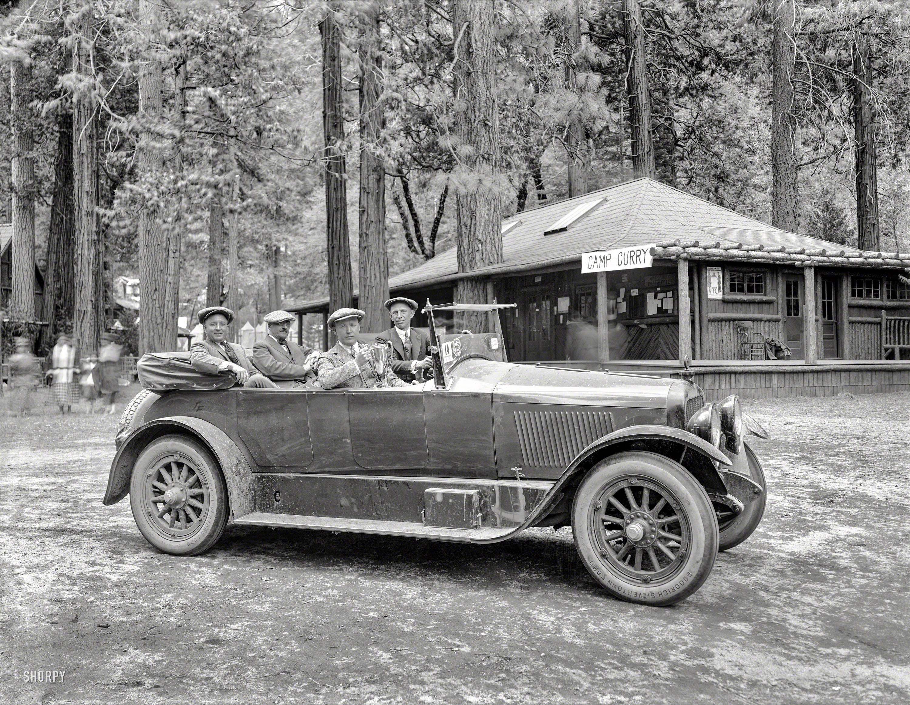 May 1920. Yosemite National Park. "Prize Cup, Fourth Annual AAA Economy Run, Los Angeles to Camp Curry." An early test of fuel efficiency sponsored by Standard Oil of California. 8x6 inch glass negative originally from the Wyland Stanley collection of San Francisciana, acquired and scanned by Shorpy. View full size.