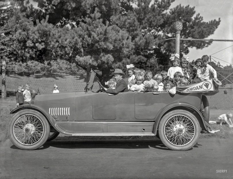 San Francisco circa 1917. "Jordan touring car with children." Did we lose a few back there when we hit that bump? Better do a head count. 6.5x8.5 inch glass negative originally from the Wyland Stanley collection. View full size.
