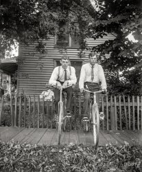 Circa 1900, back at the Handlebars Homestead. Lettis, bikes. f5.6 no filter +2" shirts is what it says on the sleeve. 4x5 inch glass negative. View full size.