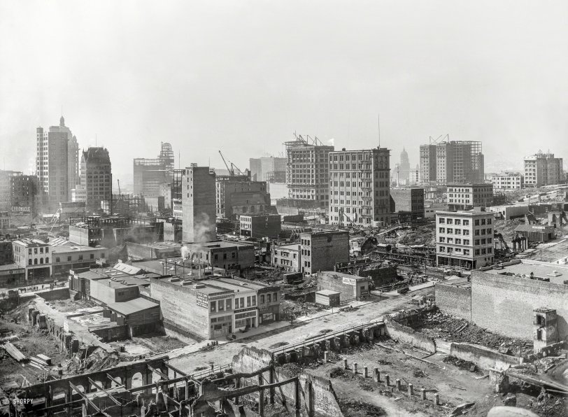 "Earthquake panorama." San Francisco after the devastating earthquake and fire of April 18, 1906. Landmarks include the domed, burned-out shell of the Call newspaper tower at left, and City Hall at right. Still standing and open for business: Cold Day Lunch and Oyster House, along with "New Franks" and "Original Coppa." 8.5 x 6.5 inch glass negative originally from the Wyland Stanley collection of San Francisciana, purchased and scanned by Shorpy. View full size.
