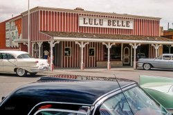 From circa 1959 Scottsdale, Arizona, we bring you this Kodachrome slide of the Lulu Belle restaurant on Main Street. Which seems to have been a combination platter of Old West, Gay Nineties and riverboat themes. View full size.