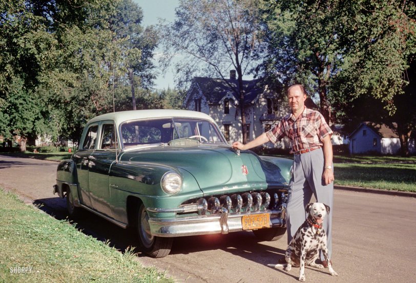 "Hubert & Sally, Aug. 1952." In the latest episode of Minnesota Kodachromes, the DeSoto and Dalmatian we saw with Grace are back for an encore. View full size.