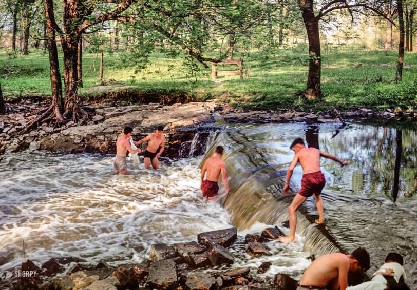 "Dam at Blue Earth below cemetery -- May 4 1952." The latest episode of Minnesota Kodachromes is back with the boys at the swimming hole for a bracing dip. At least it looks pretty cold. Photo by Hubert Tuttle. View full size.