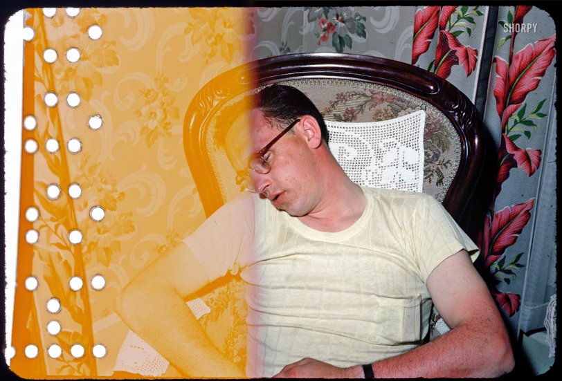 "Elwin asleep - 11 April 1952." This outtake from Minnesota Kodachromes was evidently deemed worth saving despite the photographer's being at the end of his roll. 35mm color transparency by Hubert Tuttle. View full size.