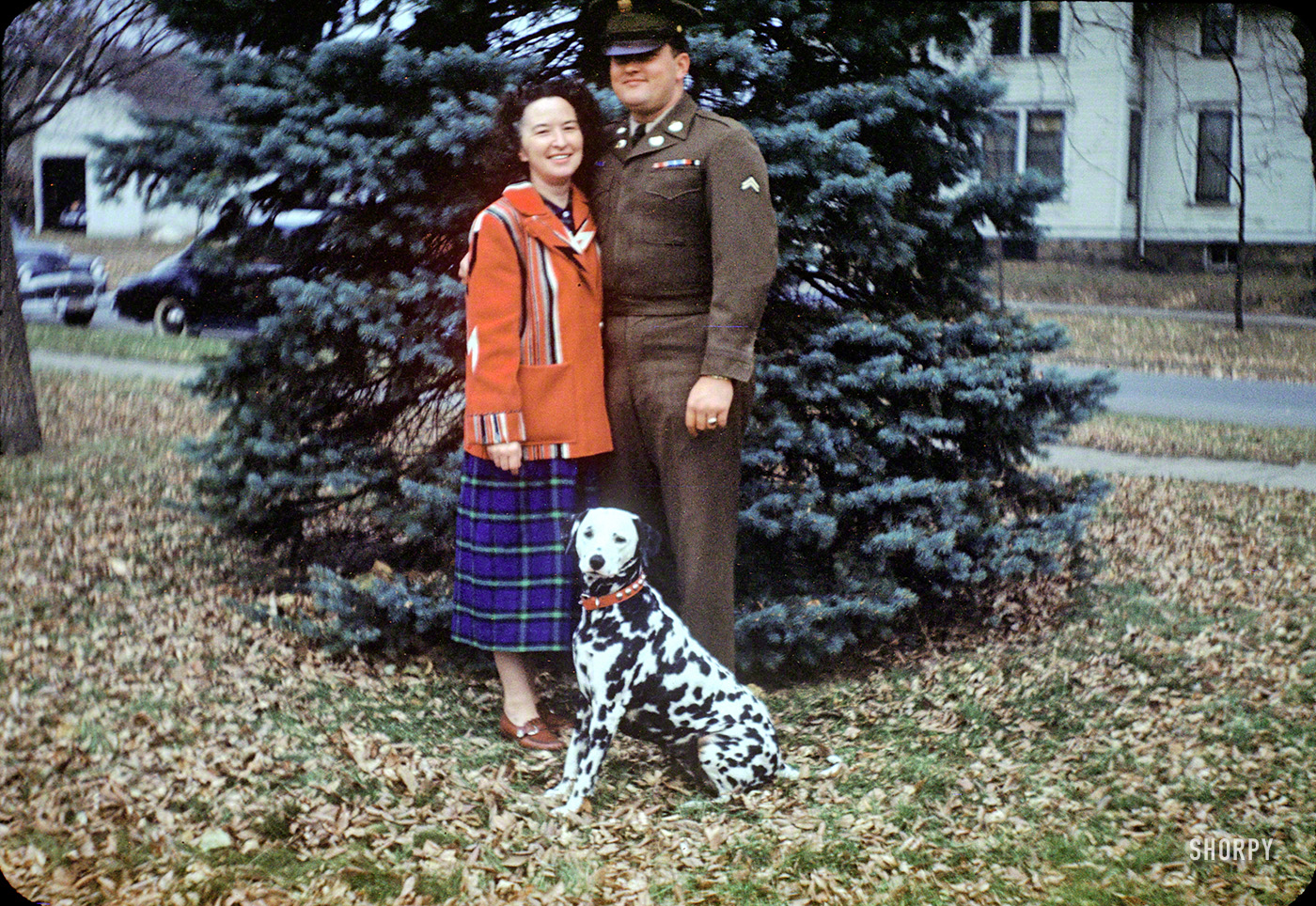 "Grace & Donald -- 11 Nov. 1951." Grace Tuttle and her soldier son Donald Cartwright (along with her Dalmatian, Sally) exactly 64 years ago in Blue Earth, Minnesota. 35mm Kodachrome by Hubert Tuttle. View full size.