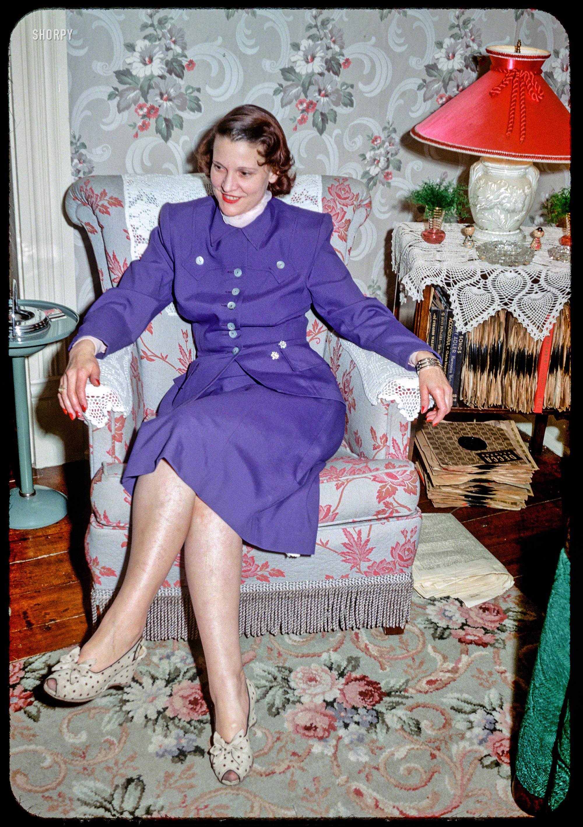 "Kay Fancher -- 23 Feb 1952." The latest episode of Minnesota Kodachromes co-stars Hubert's record collection, which includes the classics Accordiana and Larry Adler: Harmonica Virtuoso. Also: antimacassars protected by antimacassars! 35mm color slide by Hubert Tuttle. View full size.