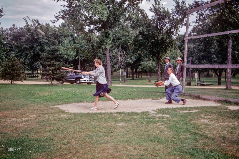 "7 Sept 1952 -- Picnic at Austin -- Clifford's wife -- Ivan (catcher)." Inkstamp: "B.E. [Blue Earth] Valley Camera Club - 3rd Place." The latest episode of "Minnesota Kodachromes." 35mm Kodachrome by Hubert Tuttle. View full size.
