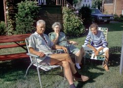 From the same batch of slides that brought us Stephen and the Yardleys comes this Kodachrome with the date stamp OCT 65A. Baby Boomers will no doubt recognize the redwood picnic table and webbed lawn chairs as ubiquitous fixtures of their youth. Oh, and an Oldsmobile, too. View full size.