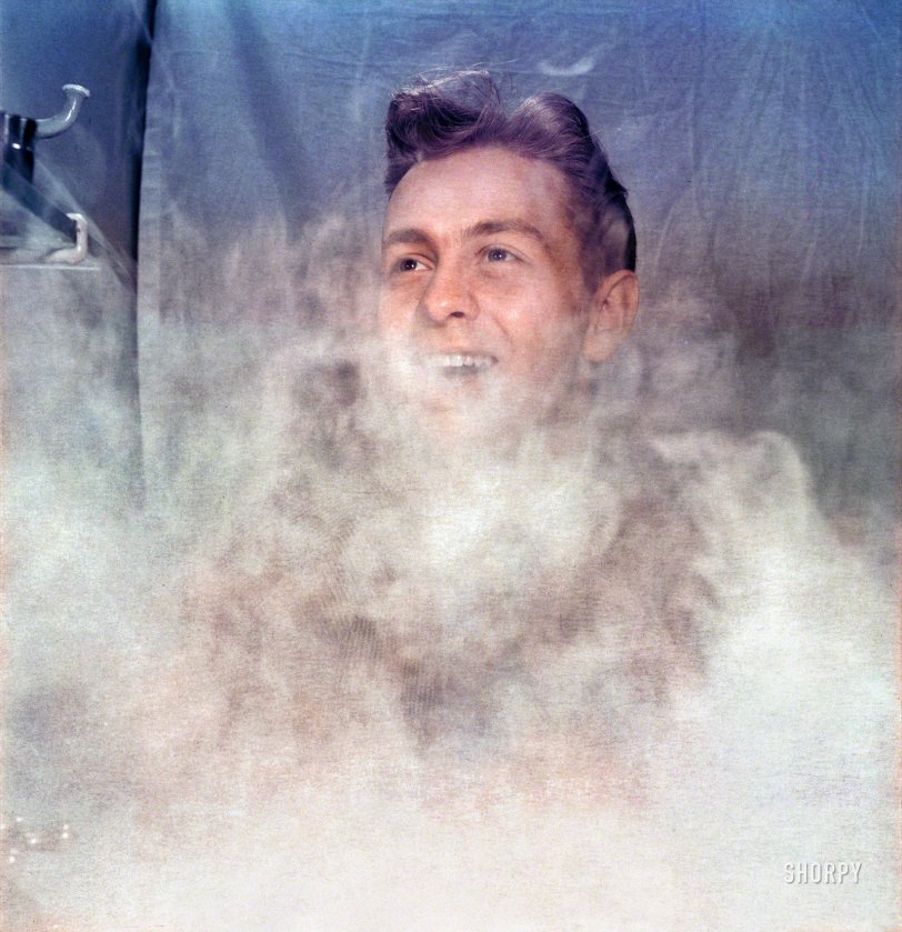 &nbsp; &nbsp; &nbsp; &nbsp; Mel Torme (1925-1999) backstage at the Paramount Theater, in a visual approximation of his famous nickname conjured by photographer William Gottlieb and a block of dry ice in the dressing-room sink.
New York circa 1947. "Portrait of singer Mel Torme in dressing room." Medium format negative by Down Beat photographer William Gottlieb. View full size.
