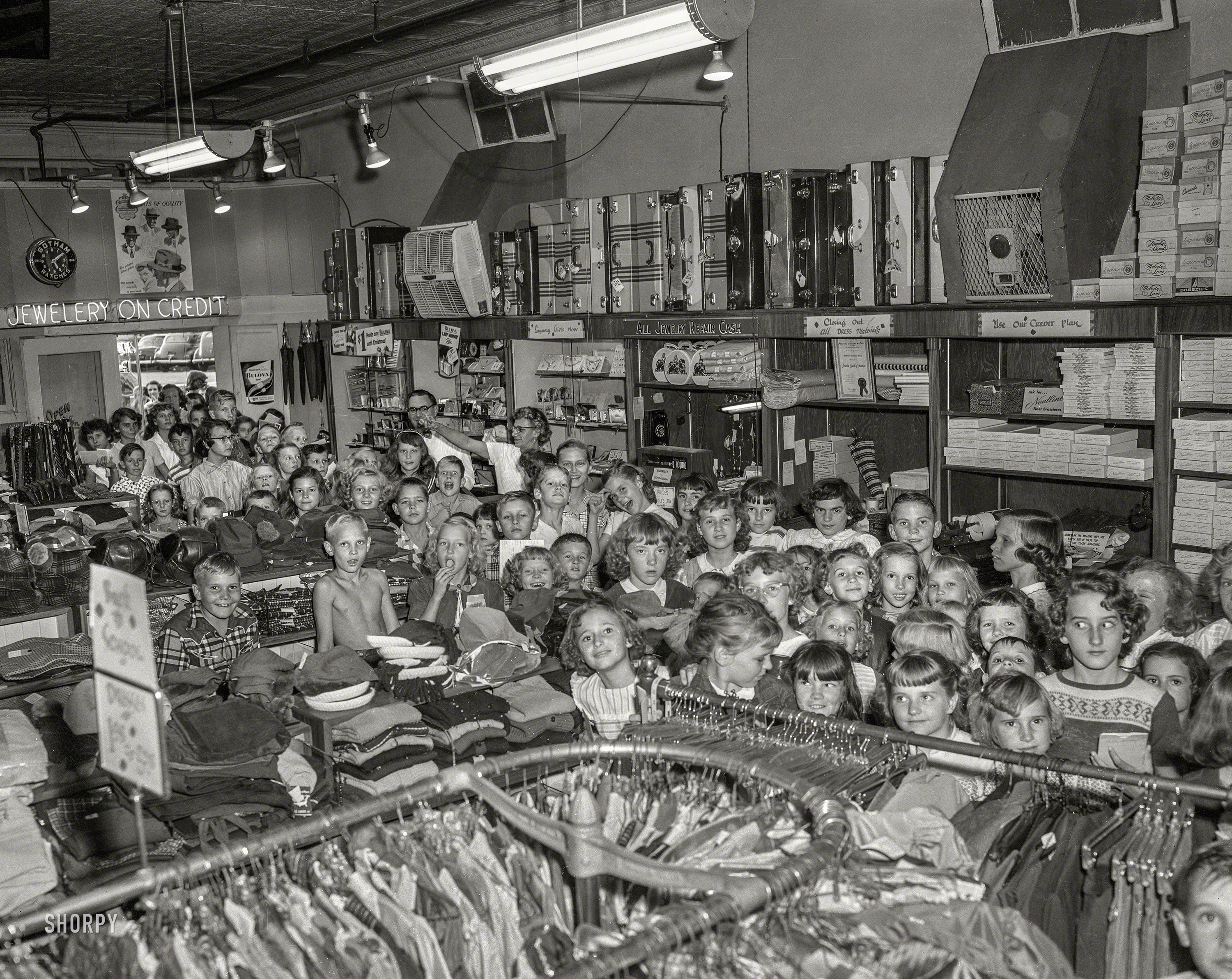 Palatine, Illinois, circa 1950. "Schoolchildren at Hirsch's." Home of the Neon Typo. 4x5 acetate negative from the Shorpy News Photo Archive. View full size.
