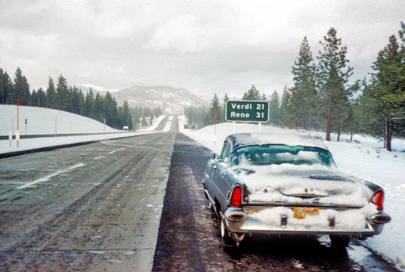 The car: 1956 Lincoln Capri coupe. The slide: 35mm Kodachrome dated February 1961. The place: 31 miles from Reno. The photographer: Don Cox. View full size.
