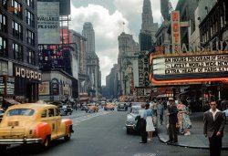 New York, 1949. Another Kodachrome slide of Times Square sent to us by Shorpy member RalphCS, this one taken at the Trans-Lux theater on Broadway. Who's up to see some shorts and then grab a bite at the Automat? View full size.