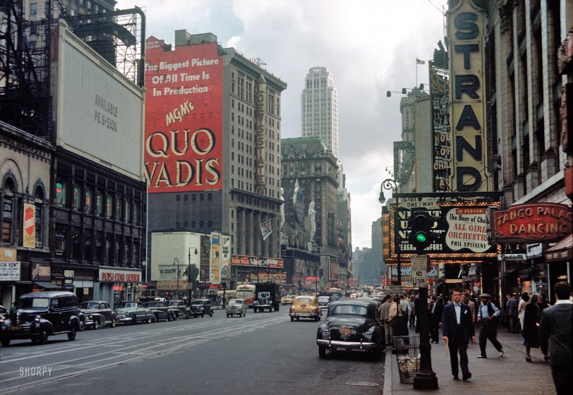New York, 1949. Broadway in neon and Kodachrome, courtesy of Shorpy member RalphCS. Where we're waiting to get Phil Spitalny's autograph. View full size.
