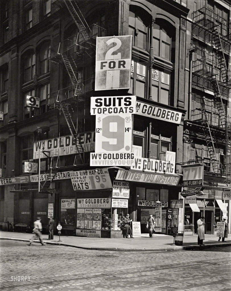 May 7, 1937. "William Goldberg, 771 Broadway, Manhattan." 8x10 gelatin silver print by Berenice Abbott for the Federal Art Project. Changing New York Collection, New York Public Library. View full size.
