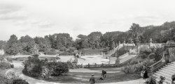 New York, 1901. "Central Park -- Bethesda Terrace and Fountain." Starring "Angel of the Waters," a winged bronze by Emma Stebbins dedicated in 1873. Panorama made from two 8x10 inch glass negatives. Detroit Photographic Company. View full size.