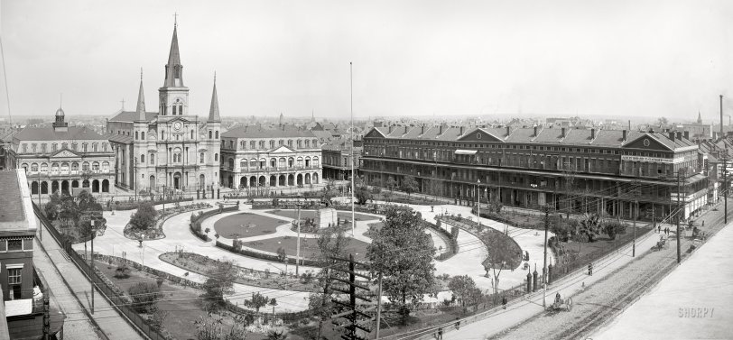 New Orleans circa 1903. "Jackson Square and St. Louis Cathedral." Panorama made from two 8x10 inch glass negatives. Detroit Photographic Company. View full size.
