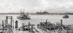 New Orleans circa 1900. "The City from Algiers." At left, the centerwheeler ferry Thomas Pickles. Panorama made from two 8x10 glass negatives. View full size.