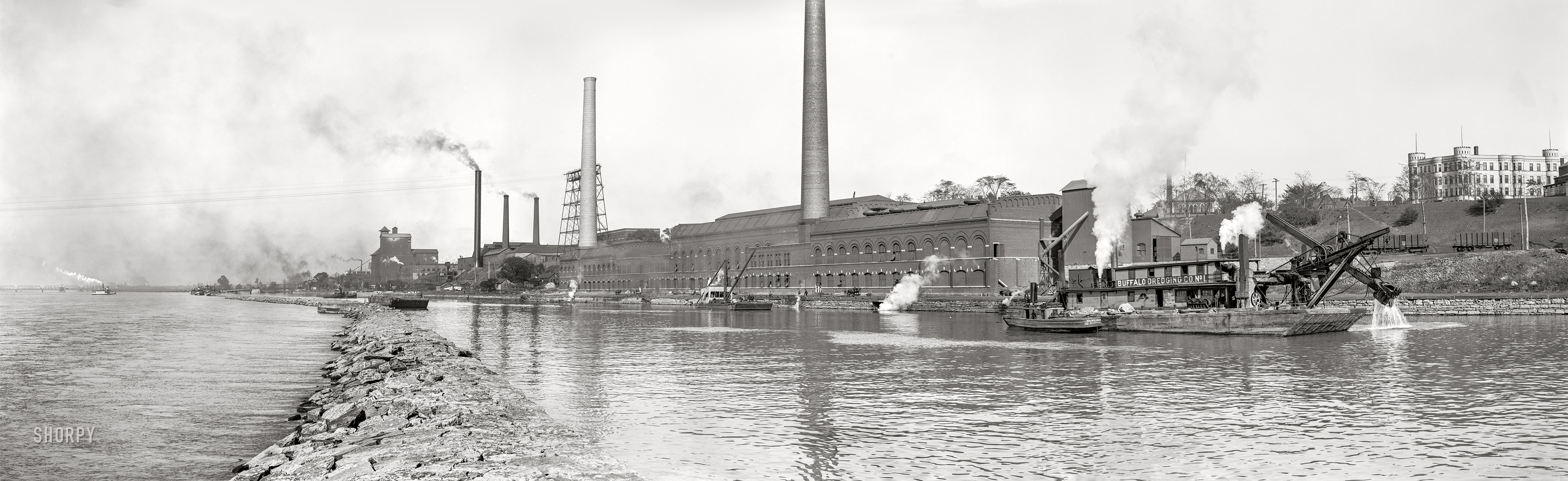 Circa 1905. "Waterworks and Niagara River, Buffalo, N.Y." Panorama made from three 8x10 inch glass negatives. Detroit Publishing Company. View full size.