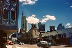 "Dallas 1954." The latest Kodachrome from that peregrinating hotrodder Don Cox. The view here is of Ervay Street; at left is the brand-new Republic National Bank building. View full size.