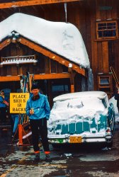 From a ski lodge somewhere in the West comes this Kodachrome dated February 1959, showing Coors-carrying sportsman-photographer Don Cox next to a rack of "skii s" and a very chill Chevy wagon. KAG-922, where are you? View full size.