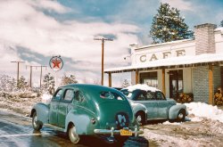 &nbsp; &nbsp; &nbsp; &nbsp; UPDATE: "Cafe Texaco" is the Tom's Place resort in Mono County, as pinpointed by Shorpy member Dennis Lorton. 
"California Sierras, 1950 -- 1939 Merc." This Kodachrome of a Mercury Eight sedan from the brand's first model year is the latest from meandering motor man Don Cox. View full size.