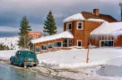 "Sierras, 1950, Nevada." The Christmas Tree Lodge on the Mount Rose Highway south of Reno is the backdrop for this latest Kodachrome of Don Cox's 1939 Mercury. The restaurant, which touted its "mahogany-broiled steaks and chops," is no more, replaced by the Tannenbaum Event Center. Now, who's gonna squeegee that tyke off the bumper? View full size.
