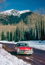 January 1963. "Lincoln convertible on snow road." From somewhere in the Sierras comes this Agfachrome of Don Cox's red 1957 Lincoln Premiere against a backdrop of snow white and sky blue. Happy Fourth of July from Shorpy! View full size.