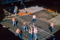 From circa 1951 comes this unlabeled Kodachrome, part of a collection of donated slides that seem to have been taken by a U.S. Navy officer with postings across Pacific, with many photos from Japan, Korea and Hawaii. As well as this shot of shipboard volleyball. View full size.