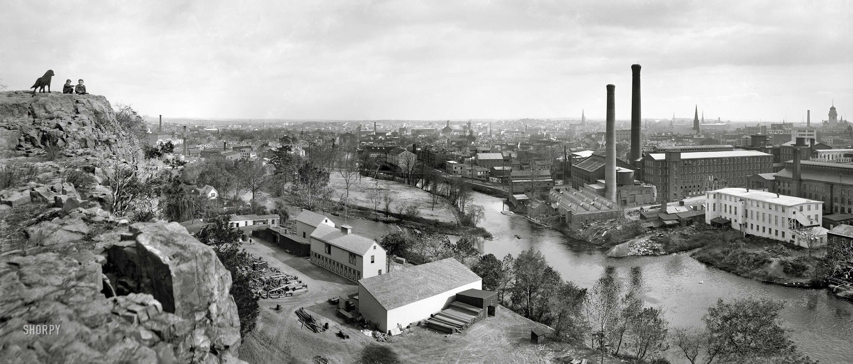Circa 1901. "Paterson, New Jersey, and Passaic River from Reservoir Park." Panorama made from two 8x10 inch glass negatives, the left half seen here a decade ago; the right half became available earlier this year. Detroit Photographic Company. View full size.