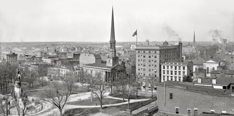 Circa 1905. "Panorama of Richmond, Virginia, showing St. Paul's Church and Capitol Square." A wide-angle view comprising two 8x10 inch glass negatives. View full size.
