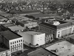 &nbsp; &nbsp; &nbsp; &nbsp; UPDATE: Commenter "Outside Food," a professor at Drexel University, was the first to identify the location of this January 1940 photo of Durham, North Carolina, by Arthur Rothstein.
"Aerial view of Xxxxx." Who'll be the first to tell us where we are? View full size.
