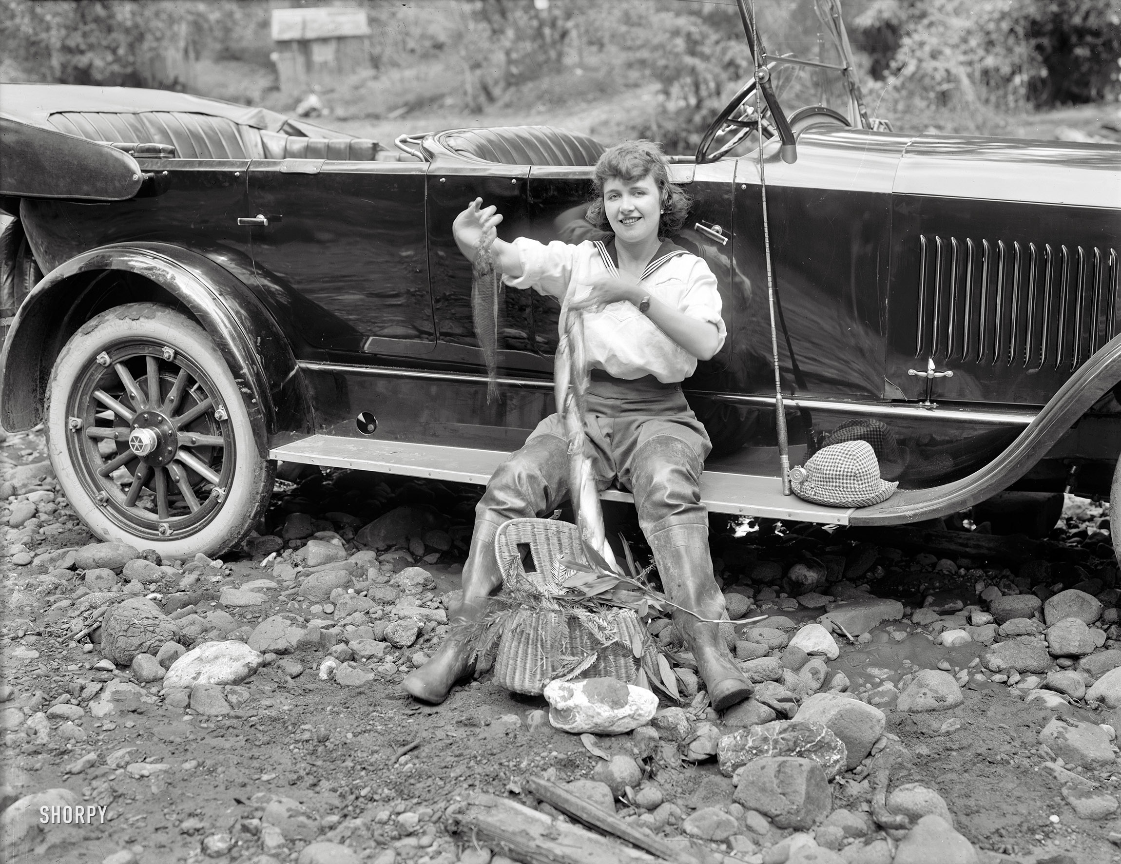Circa 1919. "Angler next to Studebaker 'Big Six' touring car." One of the girls last seen here. 6.5 x 8.5 glass negative, scanned by Shorpy, originally from the Wyland Stanley Collection of San Francisco memorabilia. View full size.