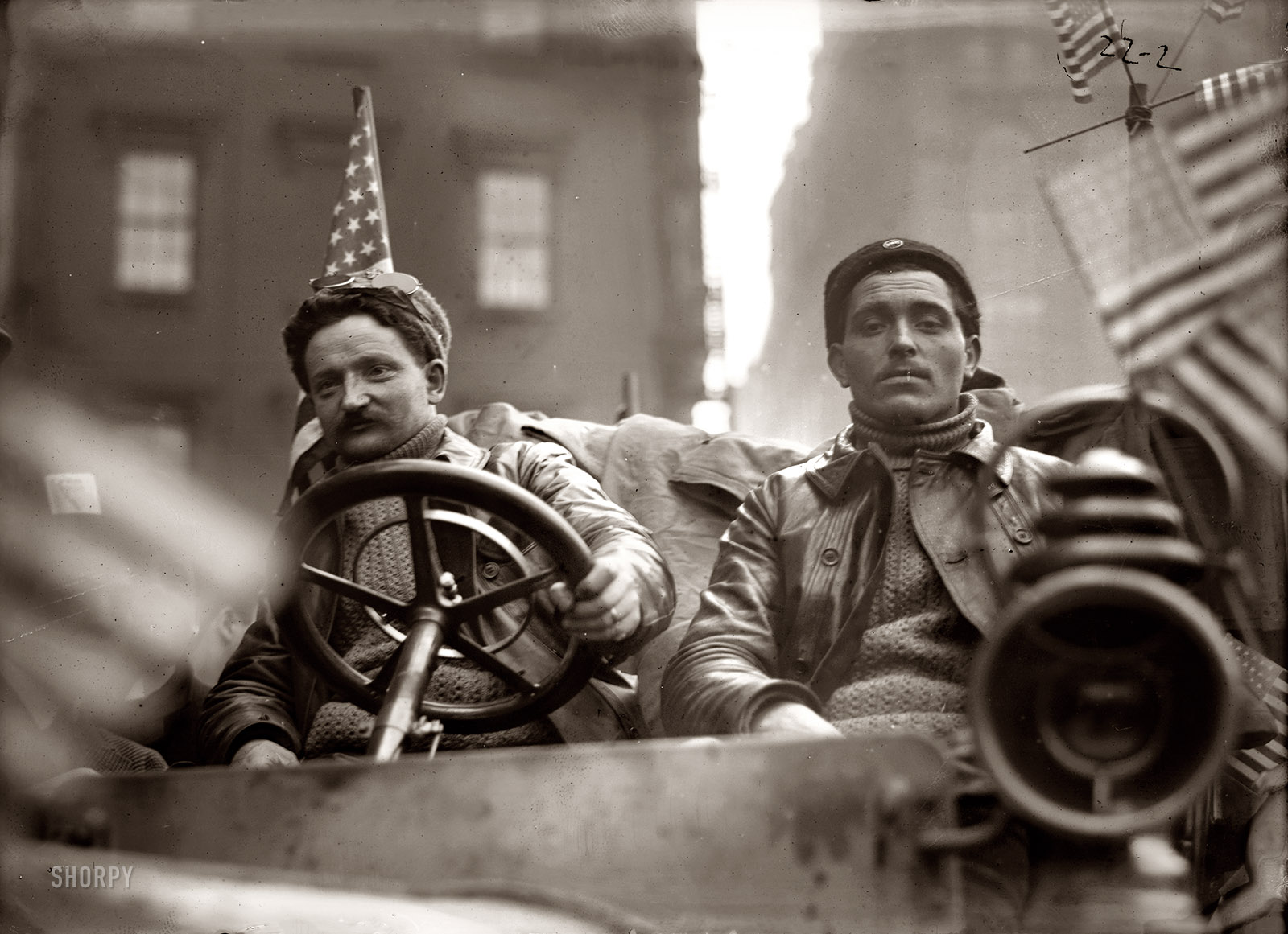 February 1908. "Lelouvier and driver in Werner car, at start of New York to Paris automobile race." The course was from Times Square to the Eiffel Tower via Alaska and Siberia. George Grantham Bain Collection. View full size. 