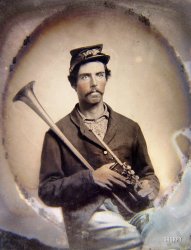 Man with a horn, ca. 1861-65. "Soldier in Union infantry uniform with saxhorn." Sixth-plate tintype, hand-colored. Liljenquist Family Collection of Civil War Photographs, Library of Congress. View full size.