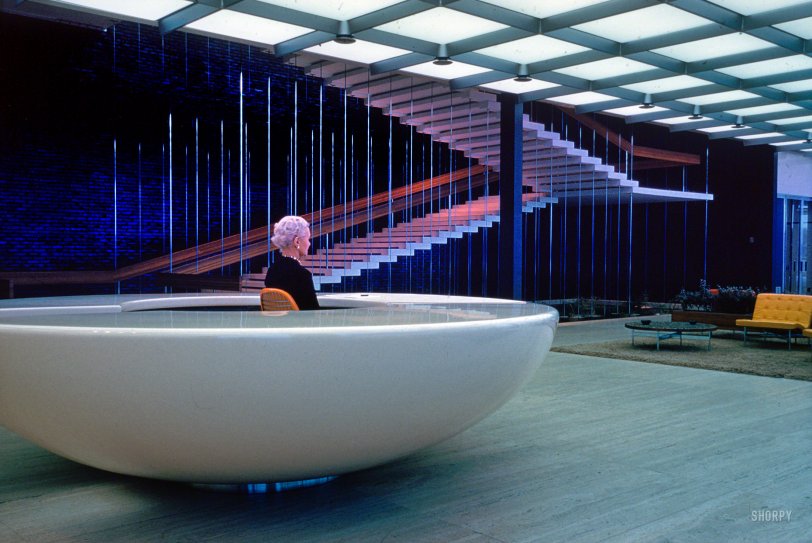 1956. "General Motors Technical Center, Warren, Michigan. Design Center interior with stair in background. Eero Saarinen, architect." Our second look at the reception disk and its pilot. Kodachrome by Balthazar Korab. View full size.
