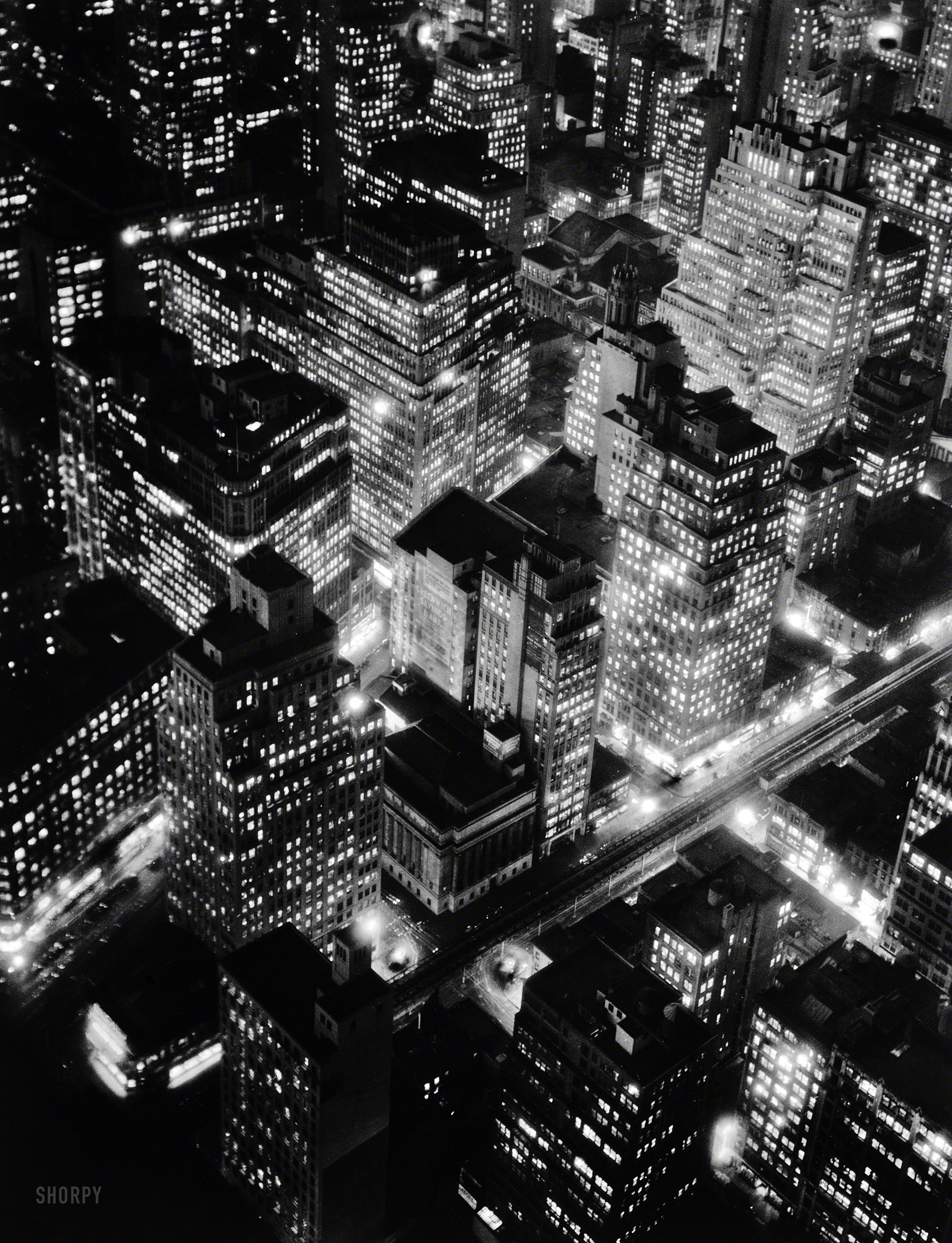 New York circa 1932. "Night view, Manhattan." Photo by Berenice Abbott (1898- 1991). Library of Congress Prints & Photographs Collection. View full size.