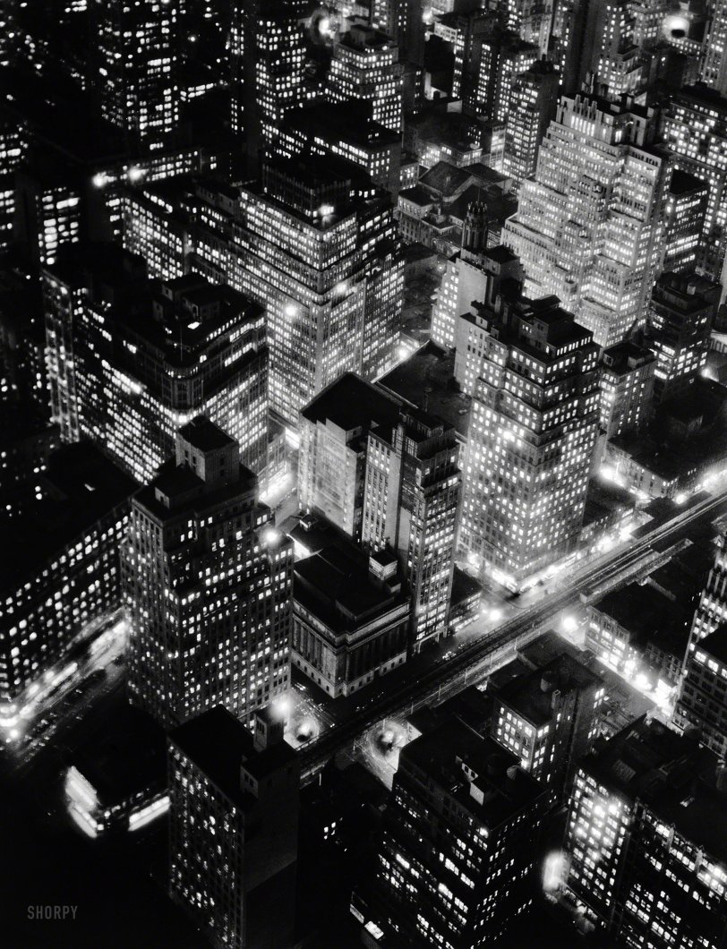 New York circa 1932. "Night view, Manhattan." Photo by Berenice Abbott (1898- 1991). Library of Congress Prints &amp; Photographs Collection. View full size.
