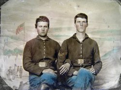 "Two Civil War soldiers in Union uniforms in front of painted backdrop showing military camp scene." Quarter-plate tintype, hand colored. Liljenquist Family Collection of Civil War Photographs, Library of Congress. View full size.