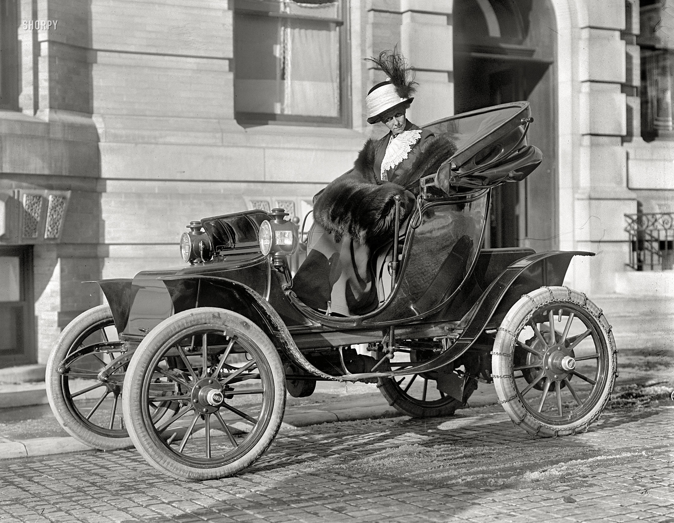 Washington, D.C., 1912. "Mrs. William E. Borah, (wife of) Senator from Idaho, in Baker Electric." Last seen here. Harris & Ewing glass negative. View full size.