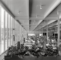 Circa 1957. "IBM Manufacturing and Administrative Center, Rochester, Minnesota. Cafeteria. Eero Saarinen, architect." Medium format negative by Balthazar Korab. View full size.