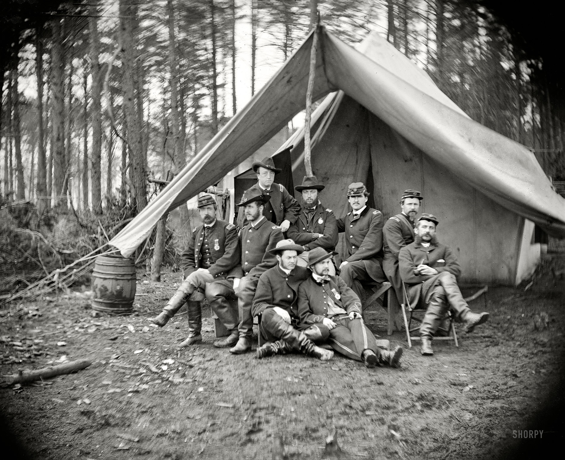April 1864. "Brandy Station, Virginia. Major William Riddle and friends. Headquarters, Army of the Potomac." Wet plate negative by Timothy H. O'Sullivan. Civil War glass plate collection, Library of Congress. View full size.