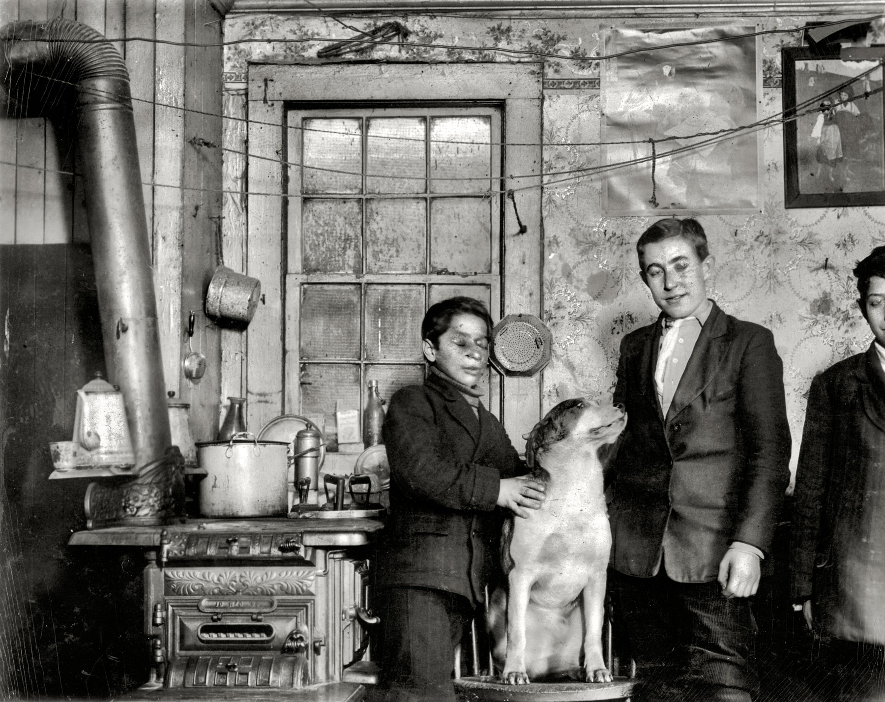 February 1910. Buffalo, New York. "Home of the Palia family, 260 Terrace Street. The boy, Amorica, center, goes to the canning factory with his mother in summer." Photograph and caption by Lewis Wickes Hine. View full size.