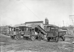 Washington, D.C., circa 1912. "S.M. Frazier trucks." Samuel Frazier, dealer in coke and lime, and his fleet of "Wilcox Trux" at his business on Monroe Street in Anacostia. Harris & Ewing Collection glass negative. View full size.