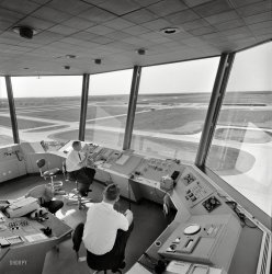 Circa 1962. "Dulles International Airport, Chantilly, Virginia, 1958-63. Eero Saarinen, architect. Control tower interior." Note the "mobile lounge" near the jet. Medium format negative by Balthazar Korab. View full size.